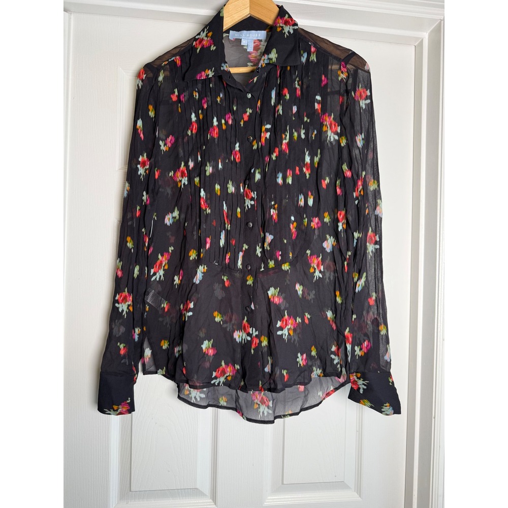 Hill House Blouse Womens Medium Black Multi Floral Sheer Pintuck Button Down